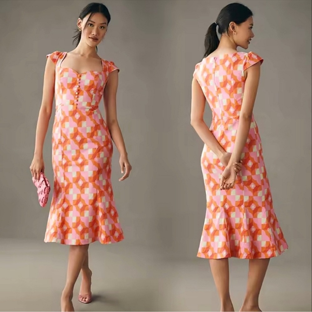Anthropologie Cecily pink orange geometric print sweetheart midi dress women